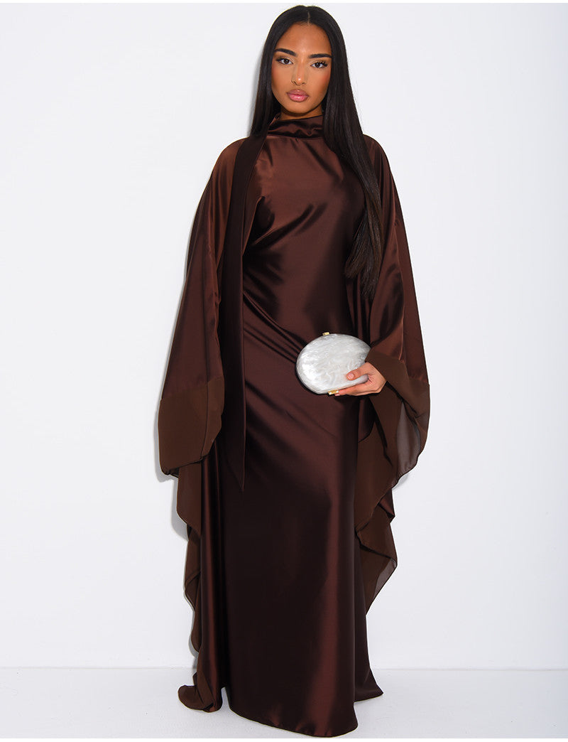 Robe abaya en satin épais et bordures en voile transparent à cintrer à l'intérieur