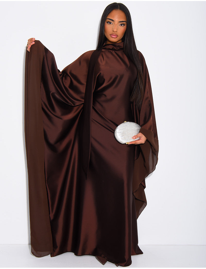 Robe abaya en satin épais et bordures en voile transparent à cintrer à l'intérieur
