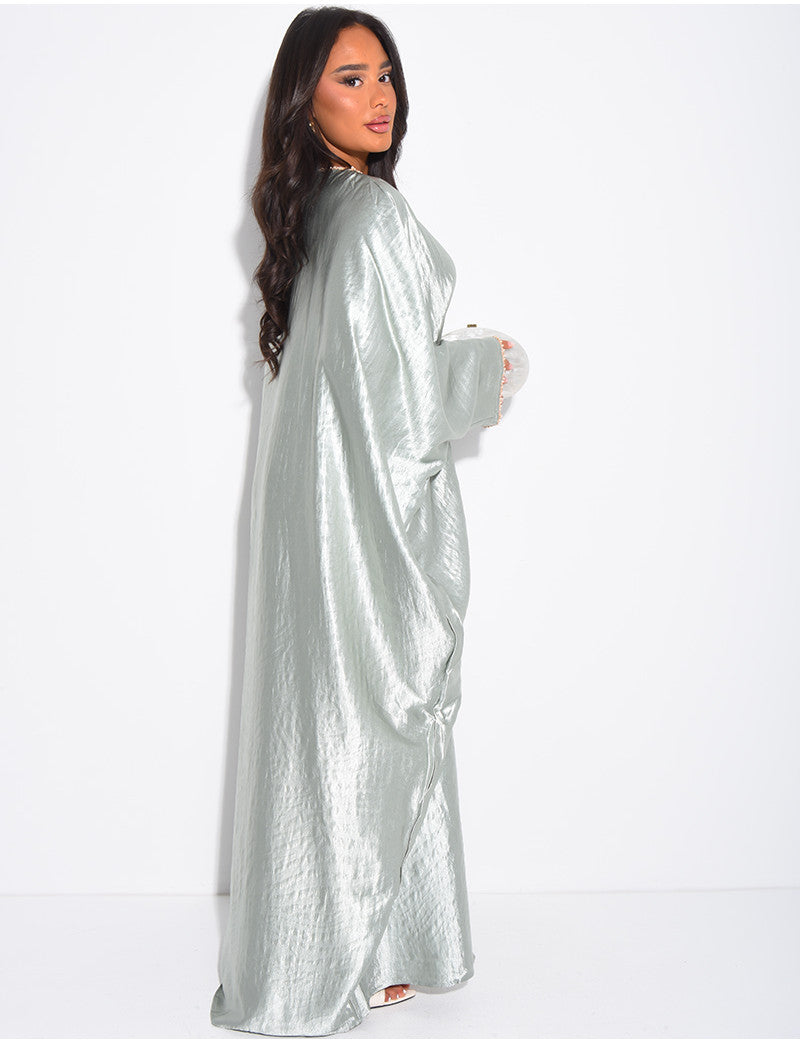Abaya papillon en satin premium en relief ornée de perles