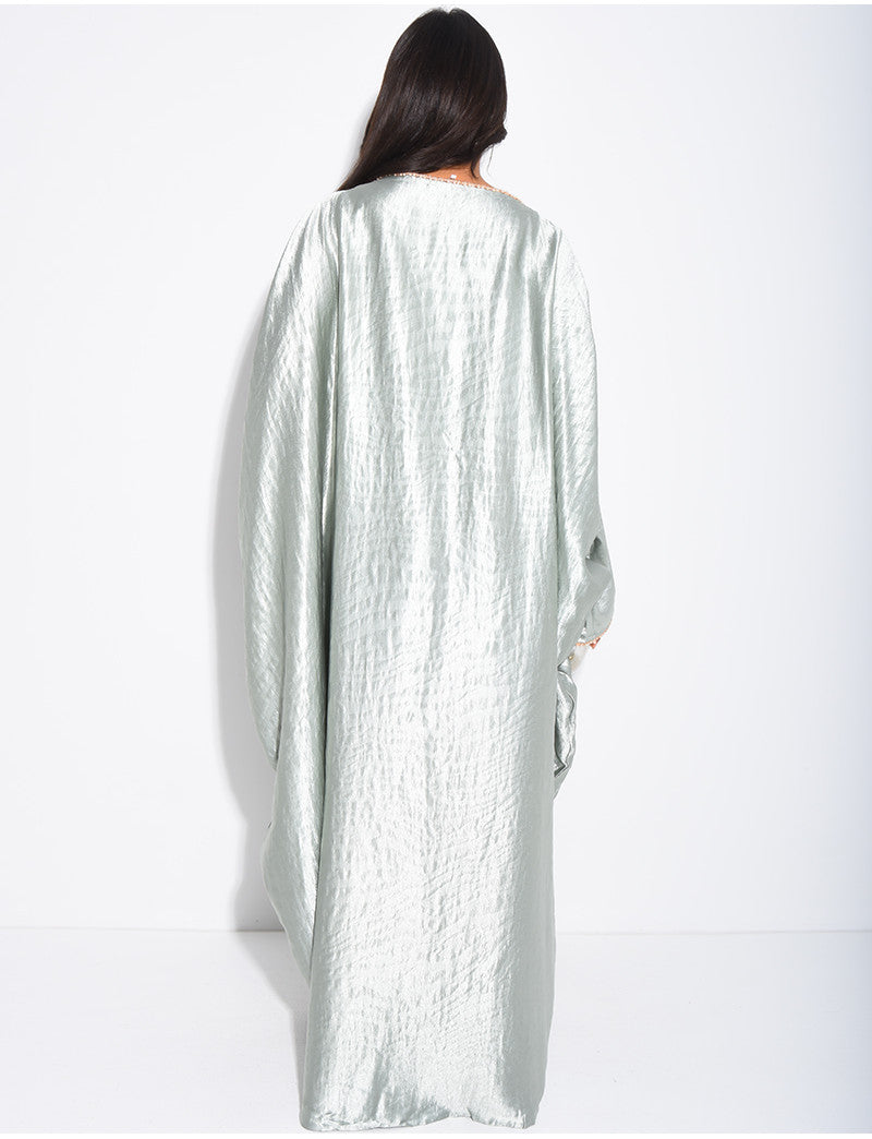 Abaya papillon en satin premium en relief ornée de perles