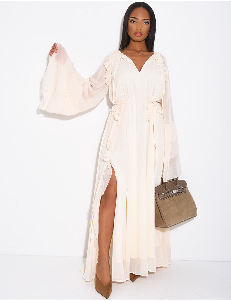 Robe longue en voile à volants