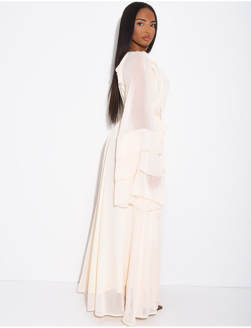 Robe longue en voile à volants