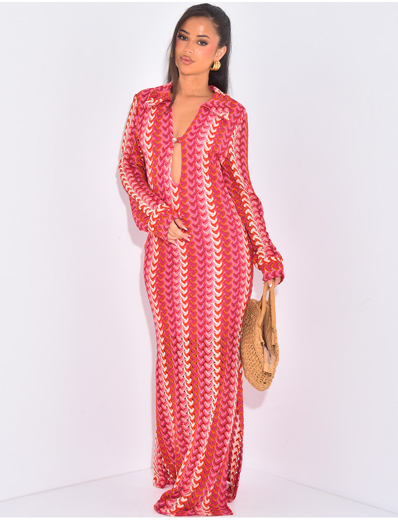Robe longue en crochet multicolor à bouton