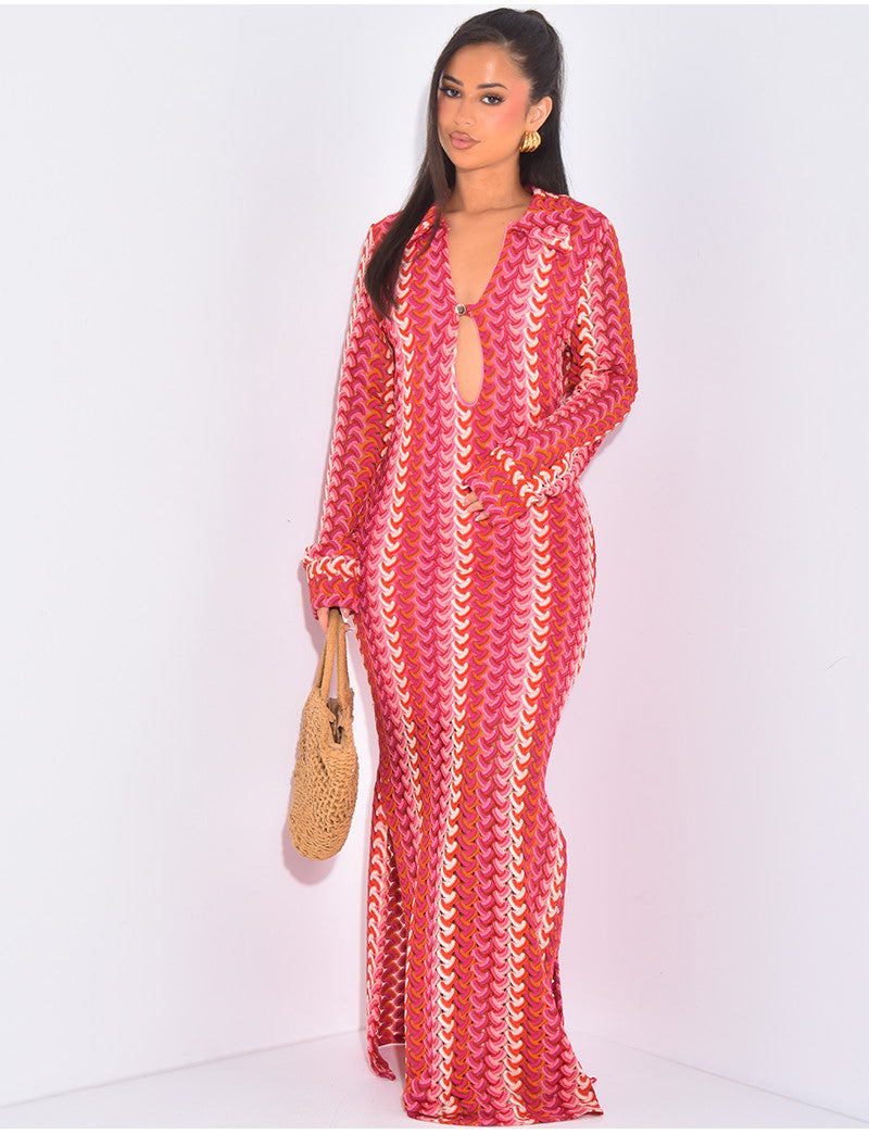 Robe longue en crochet multicolor à bouton
