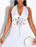 Robe en satin à motifs & empiècement dentelle
