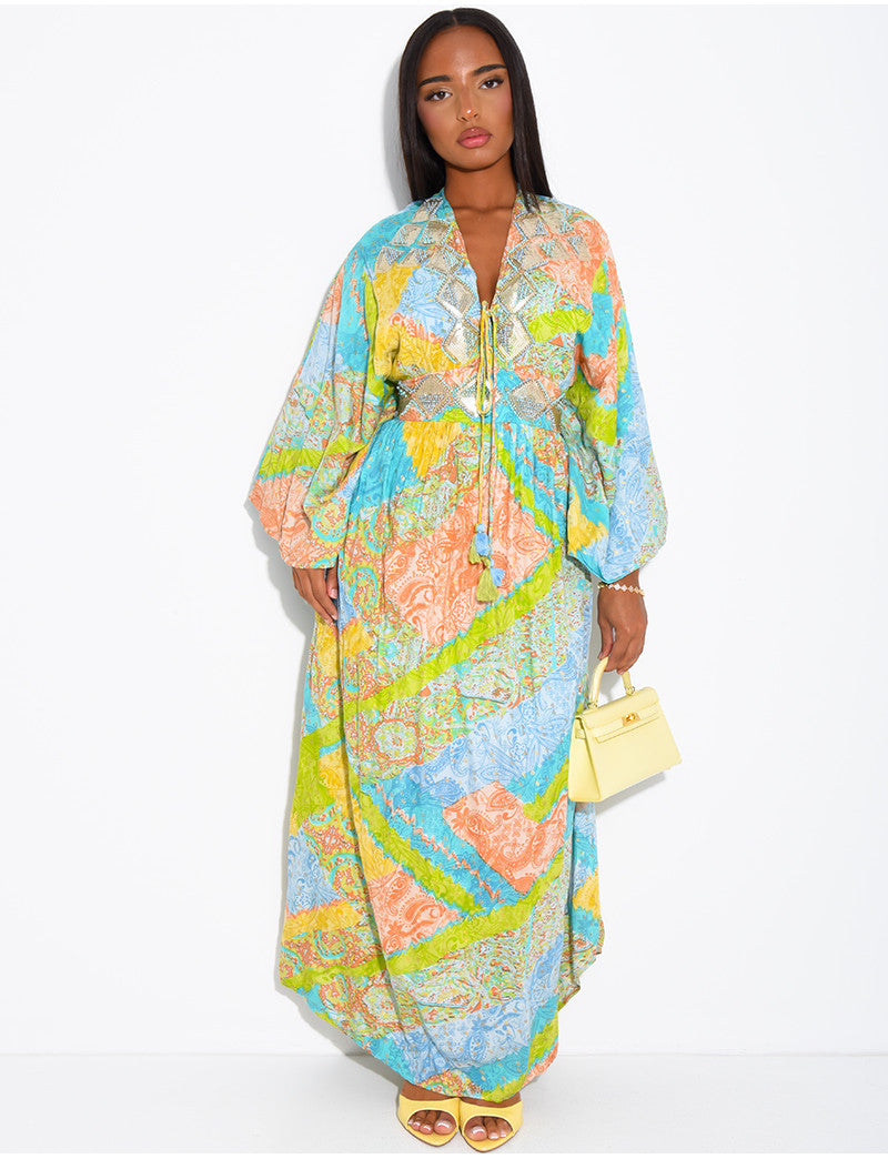 Robe bohème imprimée à perles et sequins
