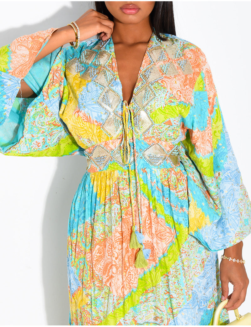 Robe bohème imprimée à perles et sequins