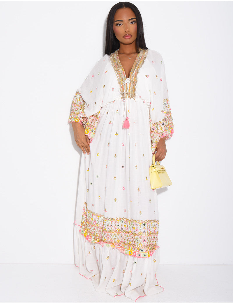 Robe bohème longue à broderies et perles