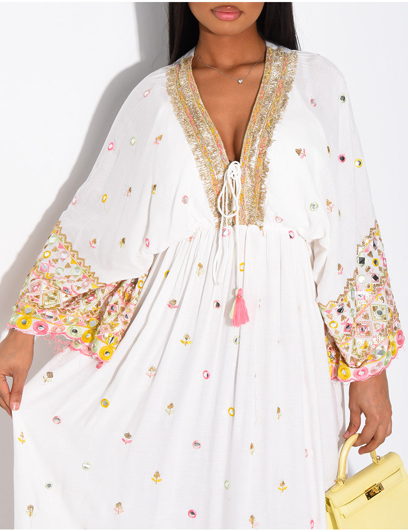 Robe bohème longue à broderies et perles