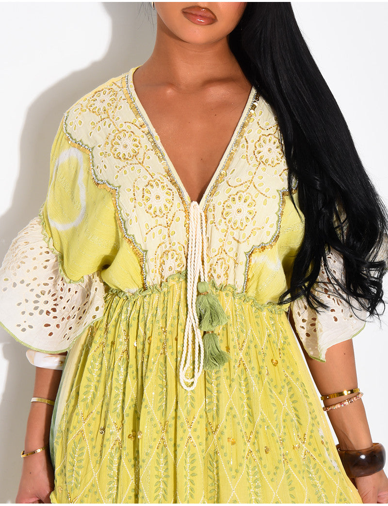 Robe bohème longue à broderies et perles