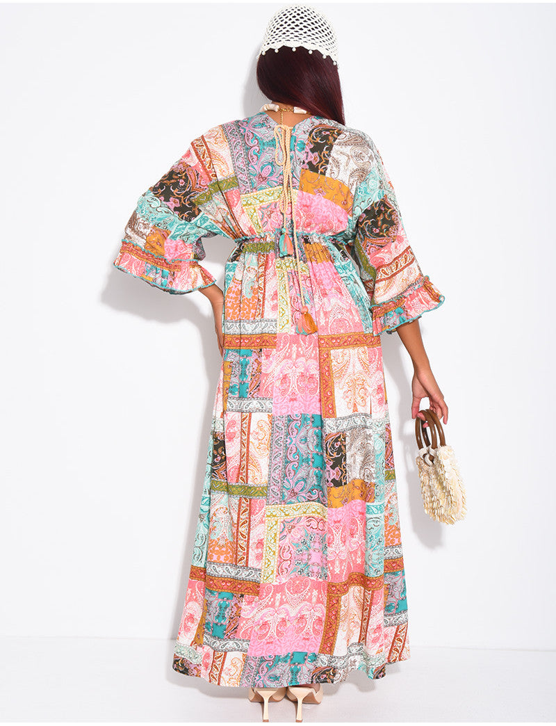 Robe bohème longue imprimée à broderies