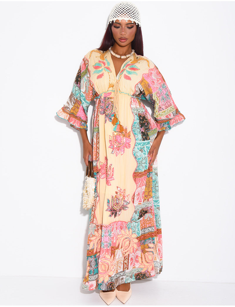 Robe bohème longue imprimée à broderies