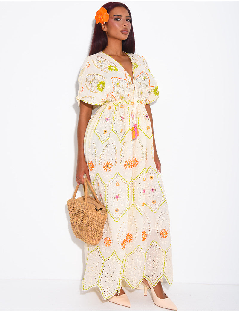 Robe bohème longue à broderies et perles