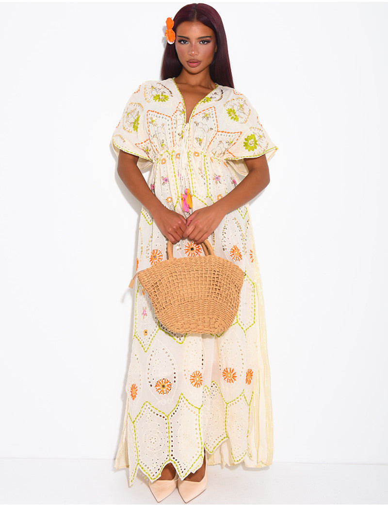 Robe bohème longue à broderies et perles