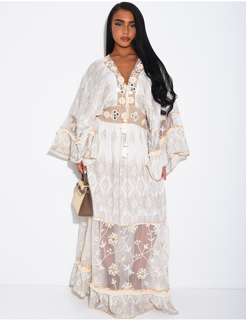 Robe bohème longue à broderies et perles