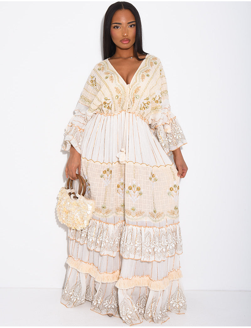 Robe bohème longue à broderies et perles