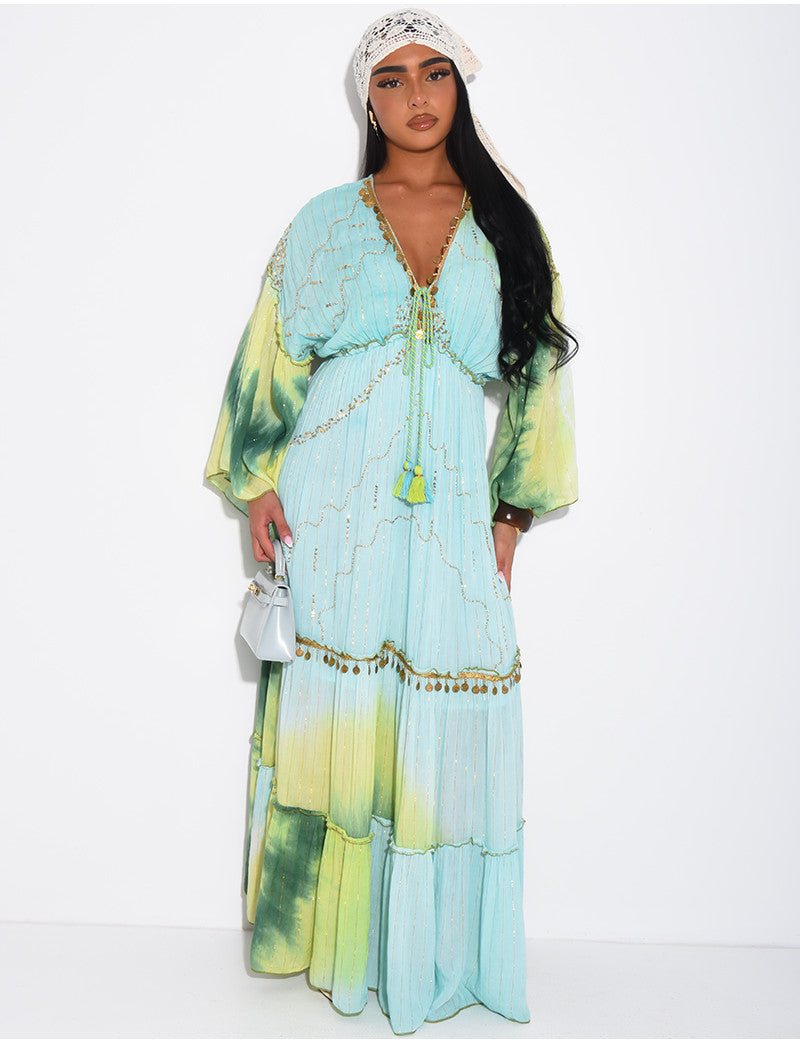Robe bohème longue à broderies et perles