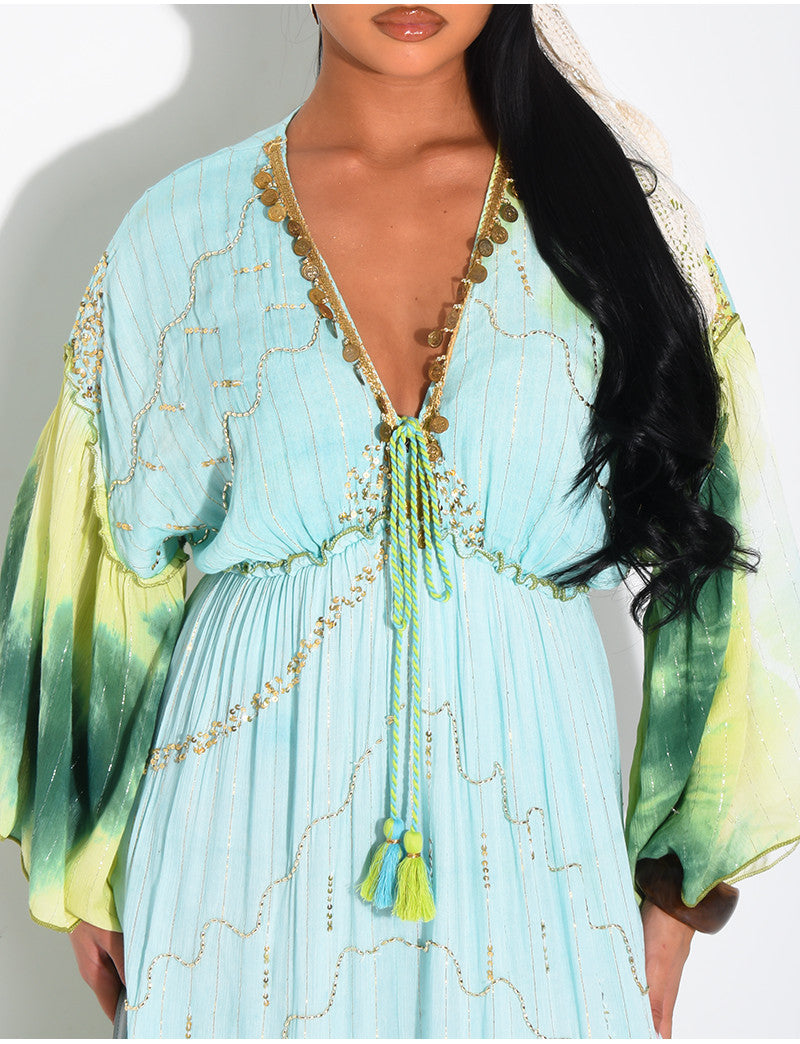 Robe bohème longue à broderies et perles
