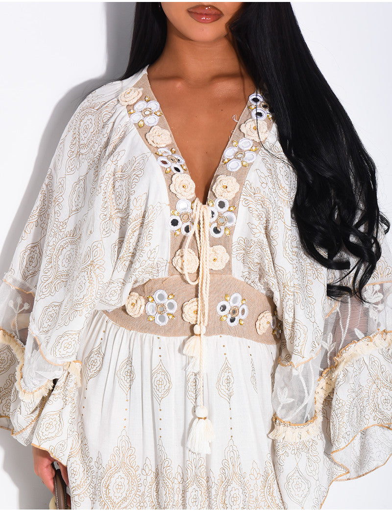 Robe bohème longue à broderies et perles