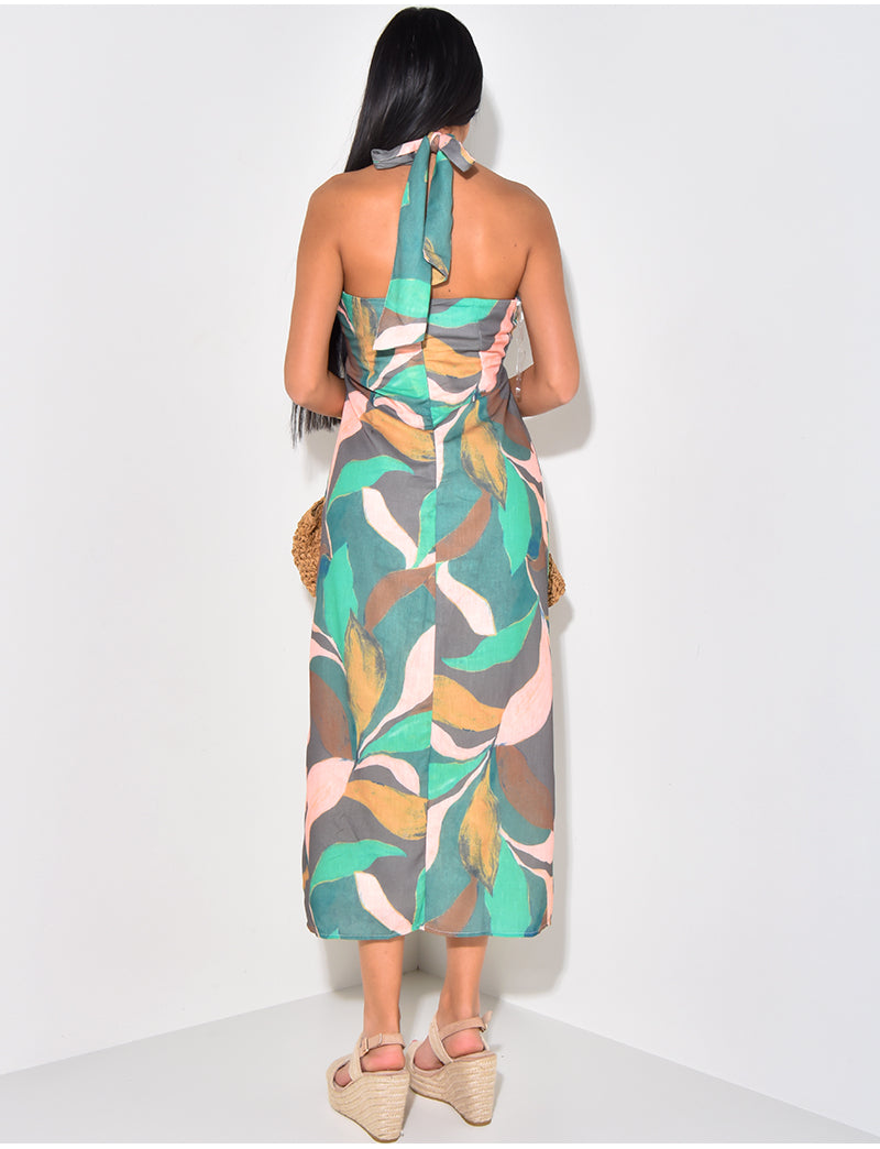 Robe moulante effet lin à motifs imprimés