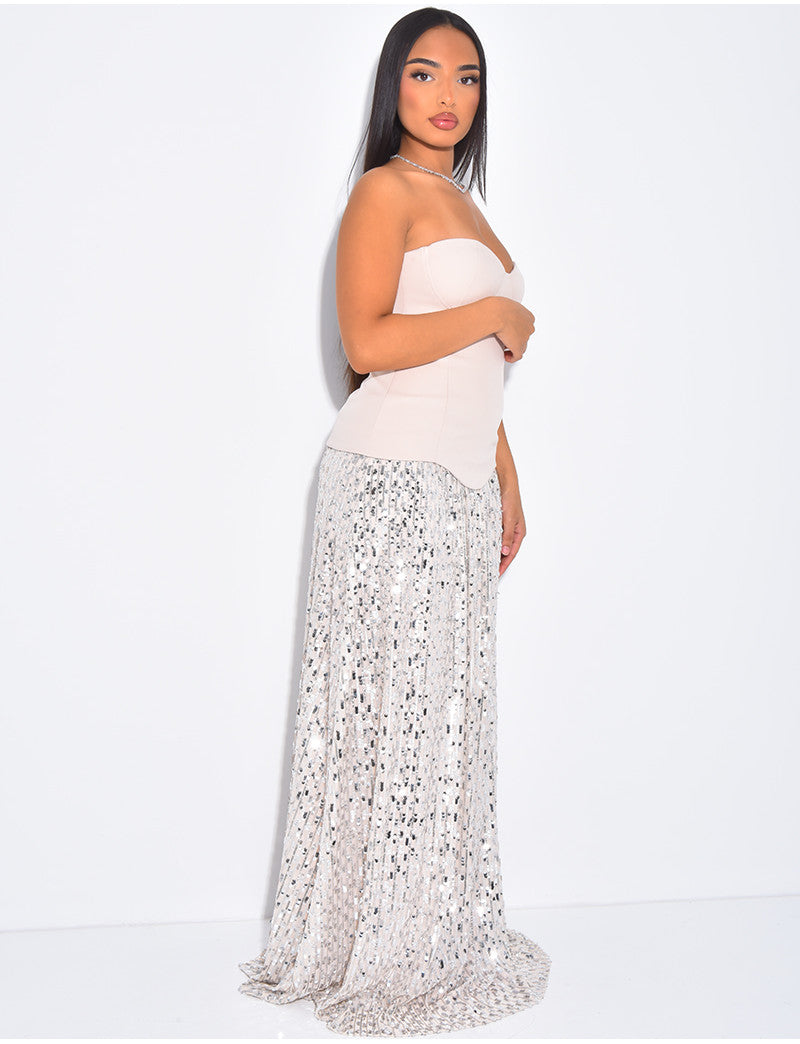 Longue robe bustier à partie en sequins