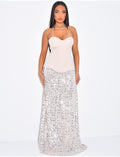 Longue robe bustier à partie en sequins