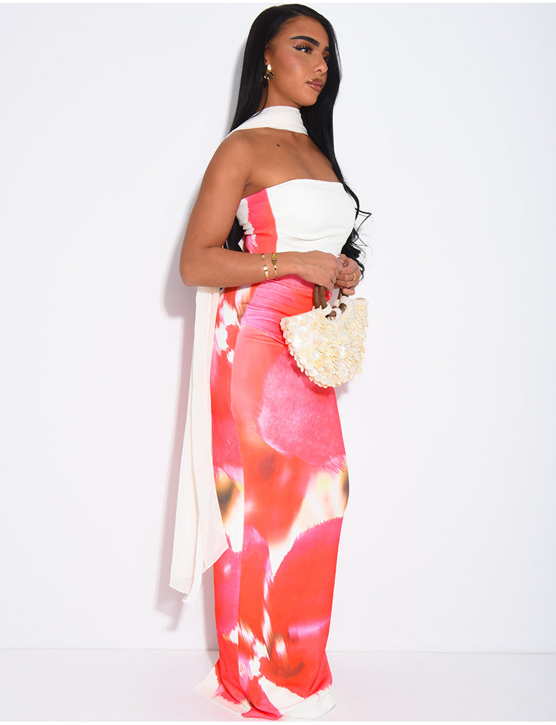 Robe longue bustier imprimé floral et châle assorti