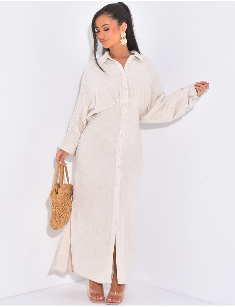 Robe chemise cintrée en lin à nouer dans le dos