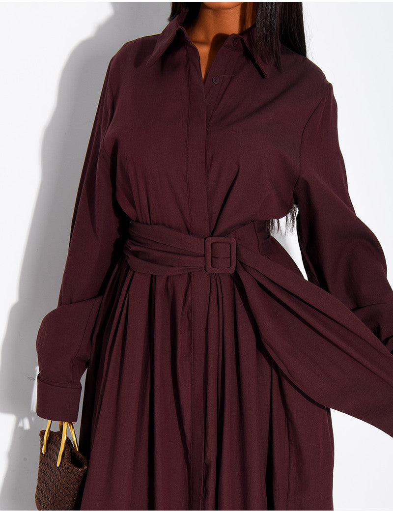 Robe chemise longue en popeline de coton à nouer à la taille