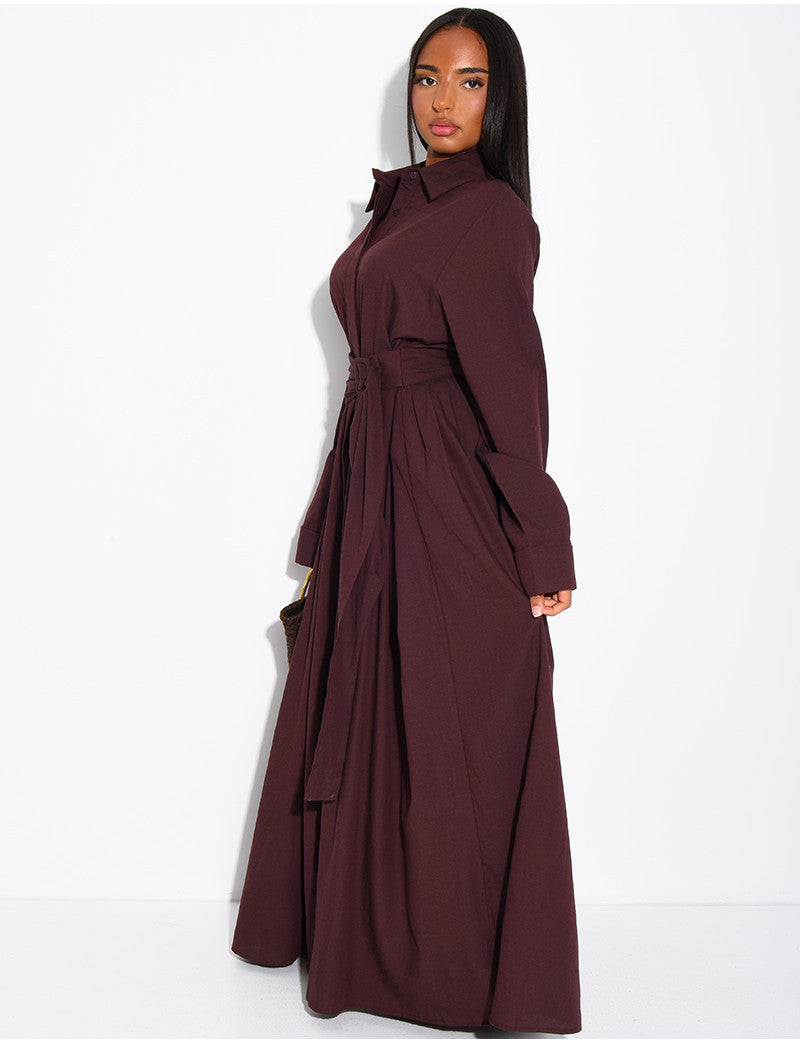 Robe chemise longue en popeline de coton à nouer à la taille