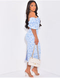 Robe mi-longue col bardot à motifs en relief