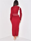 Robe longue côtelée à bandes contrastantes & boutons dorés