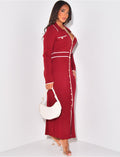 Robe longue côtelée à bandes contrastantes & boutons dorés