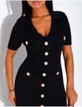 Robe longue côtelée à boutons dorés