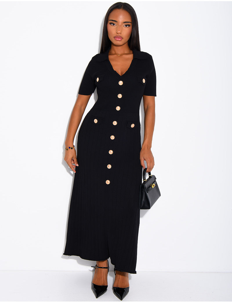 Robe longue côtelée à boutons dorés
