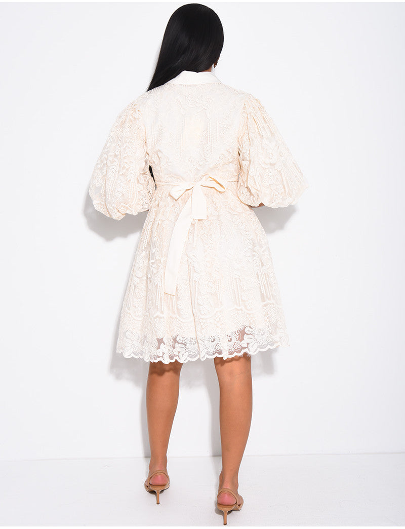 Robe courte en voile brodé & manches bouffantes