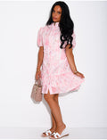 Robe courte imprimée fleurs et boutons perles