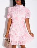 Robe courte imprimée fleurs et boutons perles