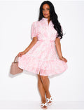 Robe courte imprimée fleurs et boutons perles