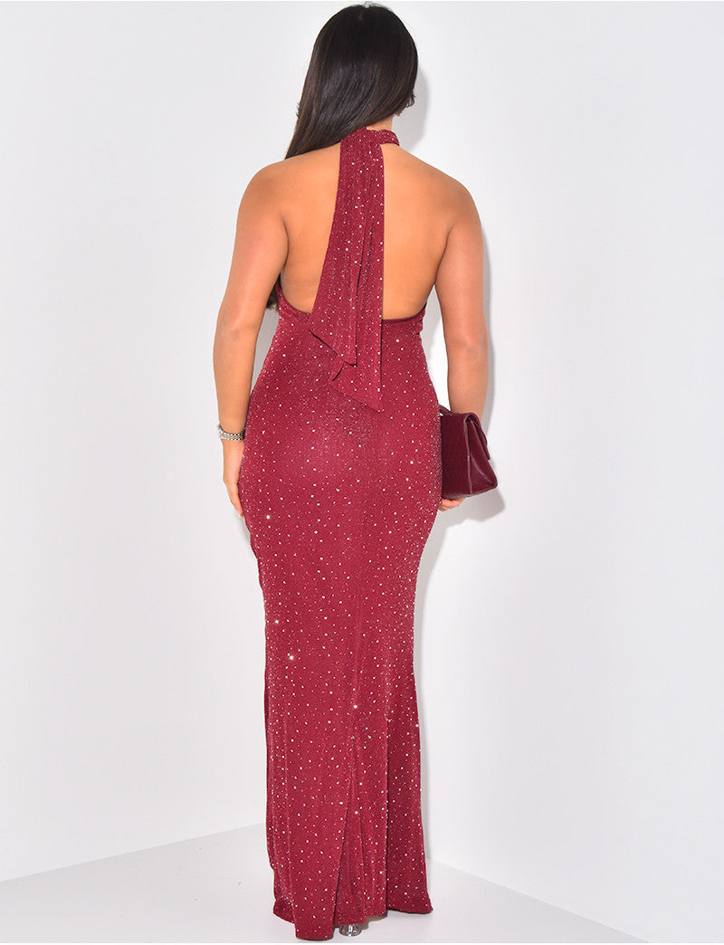 Robe dos nu en mesh à strass effet froncée