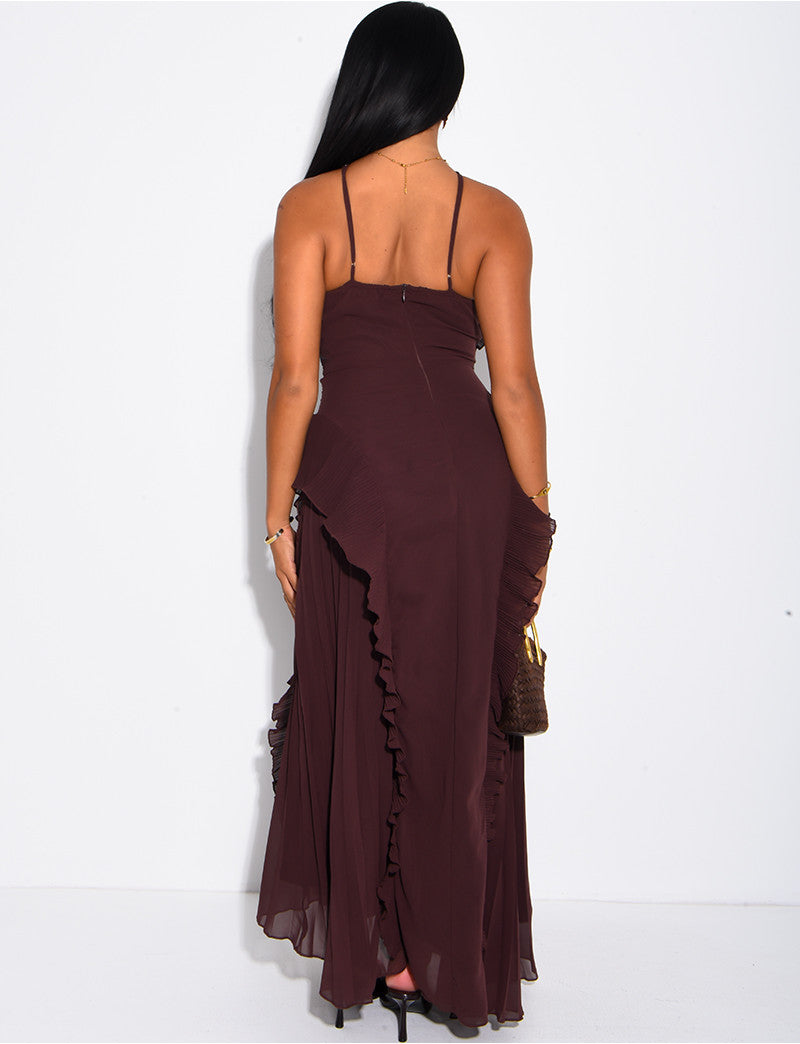 Robe longue dos nu plissée à volants