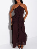 Robe longue dos nu plissée à volants