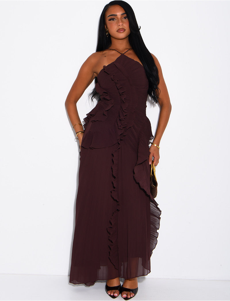 Robe longue dos nu plissée à volants
