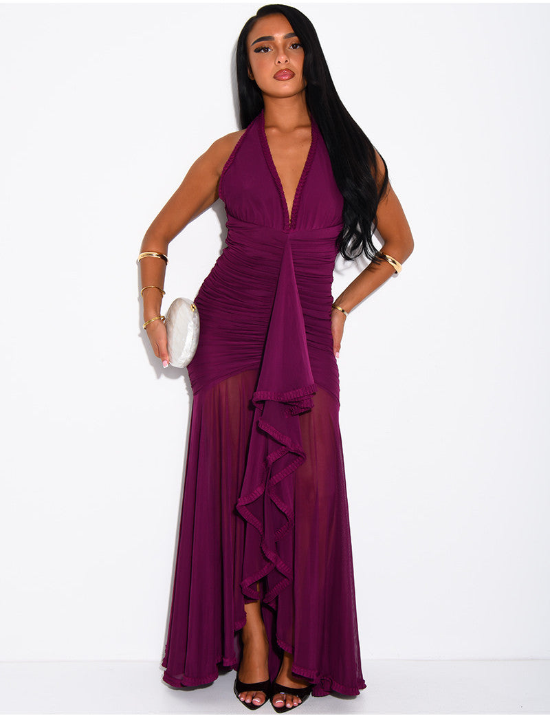 Robe longue froncée dos nu à volants