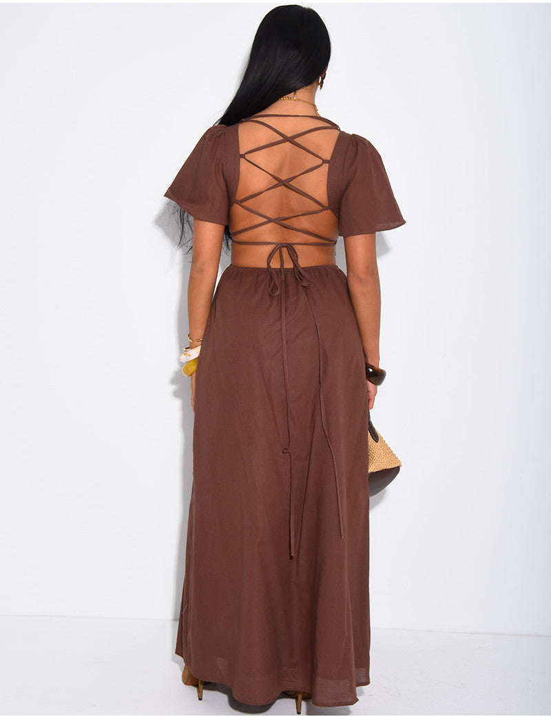 Robe style champêtre en lin dos nu à nouer