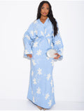 Robe longue effet lin froncée à fleurs brodées