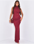 Robe longue dos nu en mesh doublé effet drapé
