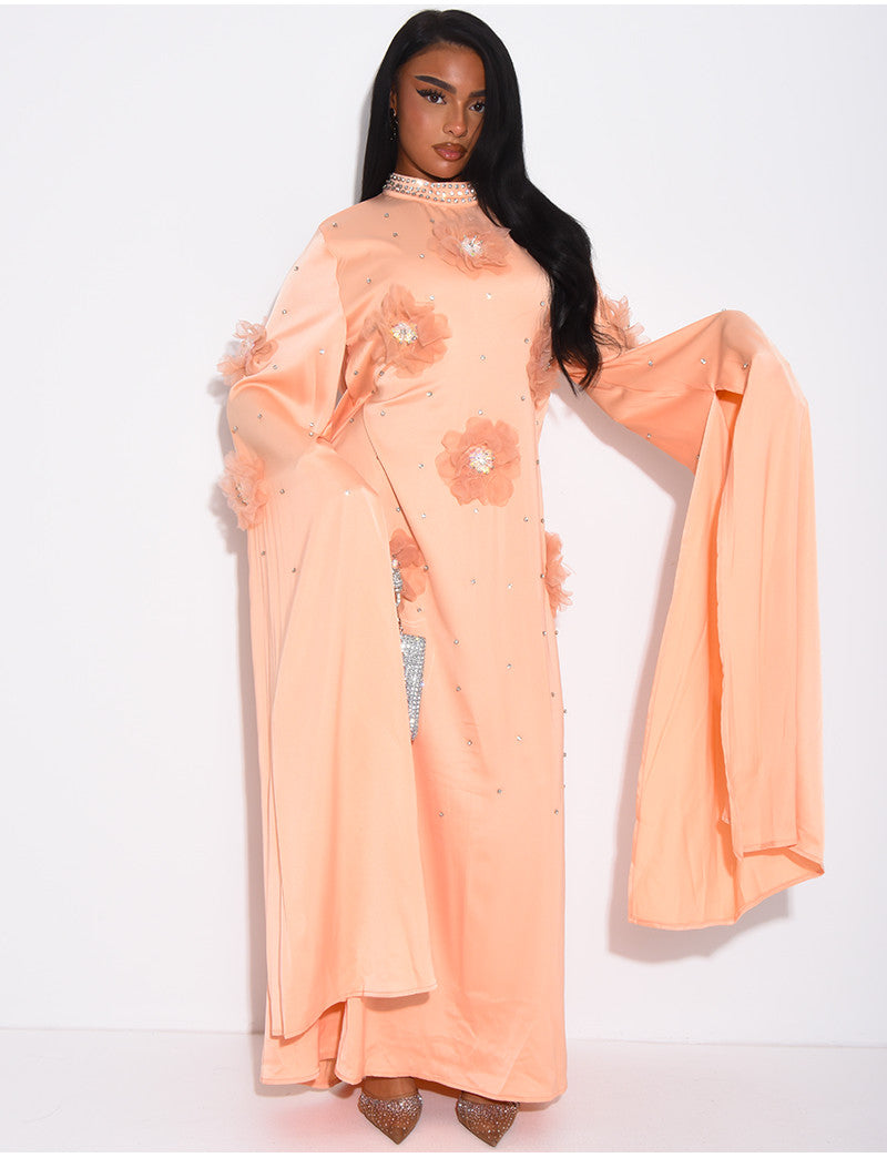 Abaya en satin à fleurs en relief et strass