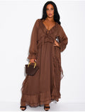 Robe longue en voile doublé à volants
