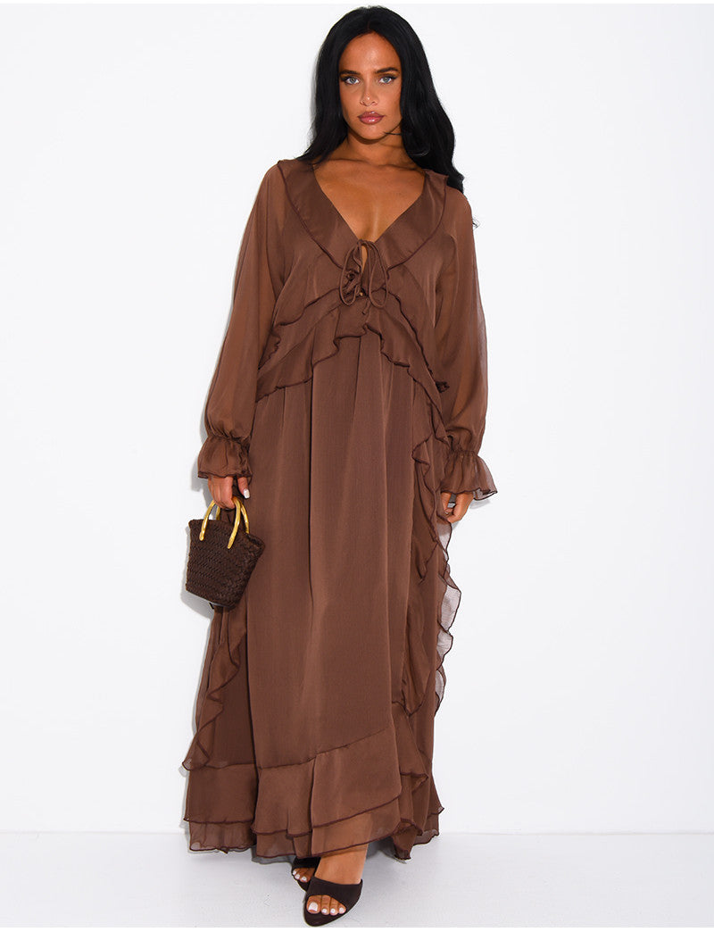 Robe longue en voile doublé à volants